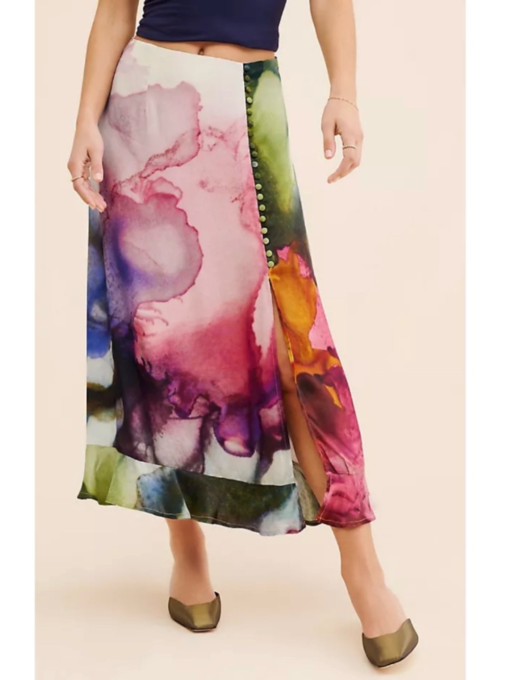 Anthropologie Bl^nk London Satin Floral Watercolor Maxi Skirt Boho Purple Large